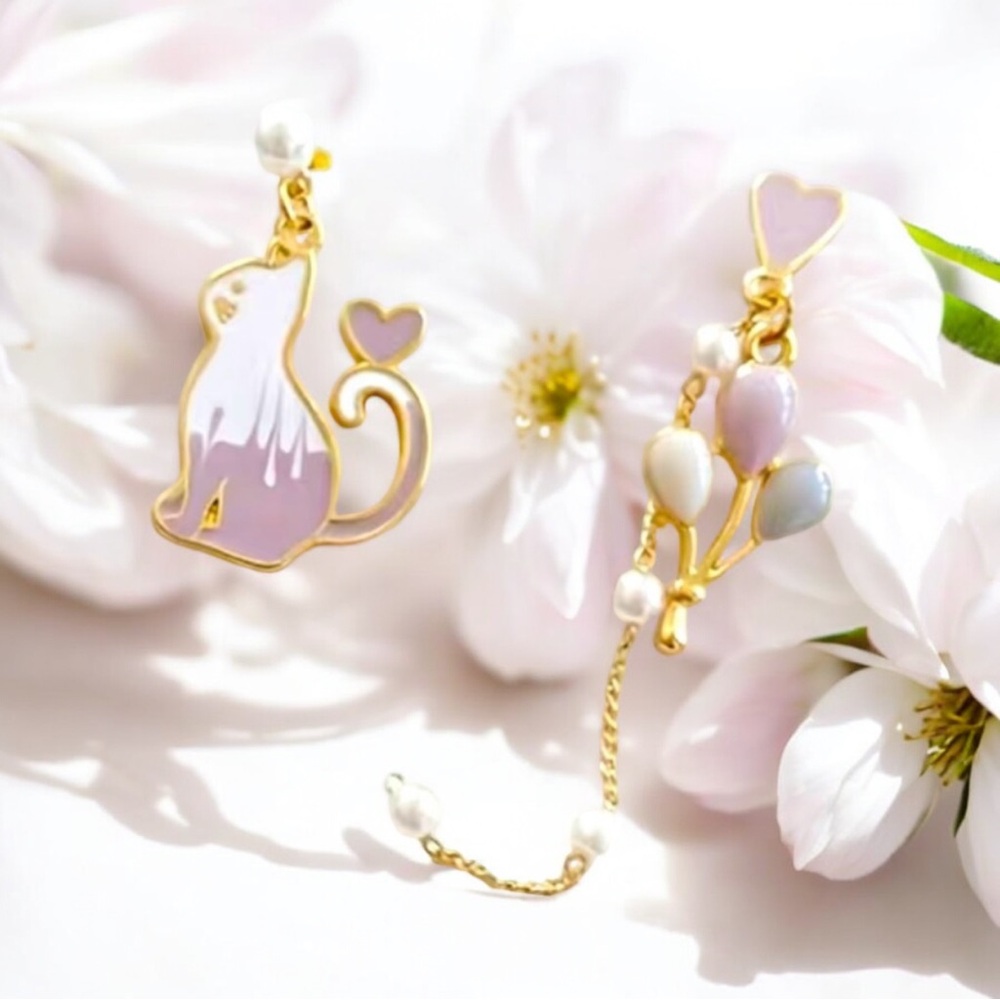 Boho‎ Mismatched Asymmetrical Gold Plated Cat Theme Drop Earrings